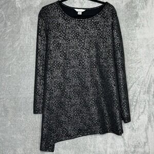 CJ Banks 2X Top Shirt Black Geometric Long Sleeve Round Neck Metallic Stretch
